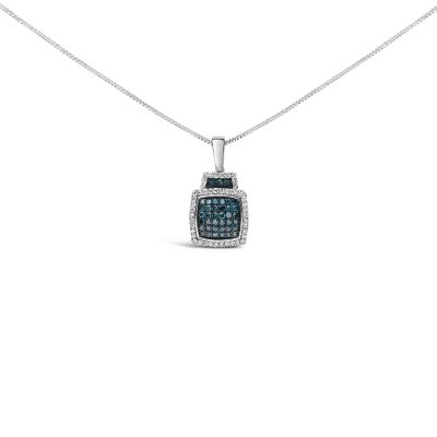 Haus of Brilliance .925 Sterling Silver 1/2 Cttw Blue Diamond with White Diamond Halo Block Pendant Necklace