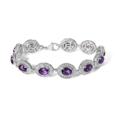 Haus of Brilliance Sterling Silver 5x7 MM Oval Purple Amethyst & Diamond Halo Link Bracelet, 7 in