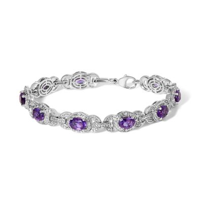 Haus of Brilliance Sterling Silver Oval Purple Amethyst and Diamond Interlocking Halo Link Bracelet, 7 in