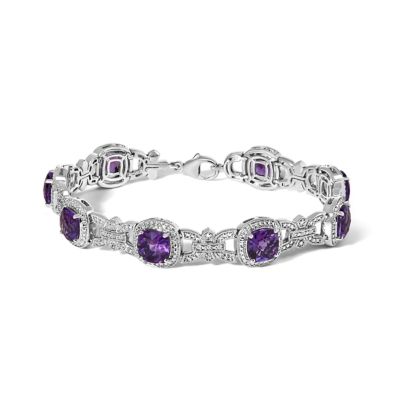 Haus of Brilliance Silver Cushion-Cut Purple Amethyst & Diamond Vintage Halo Link Bracelet, 7 in
