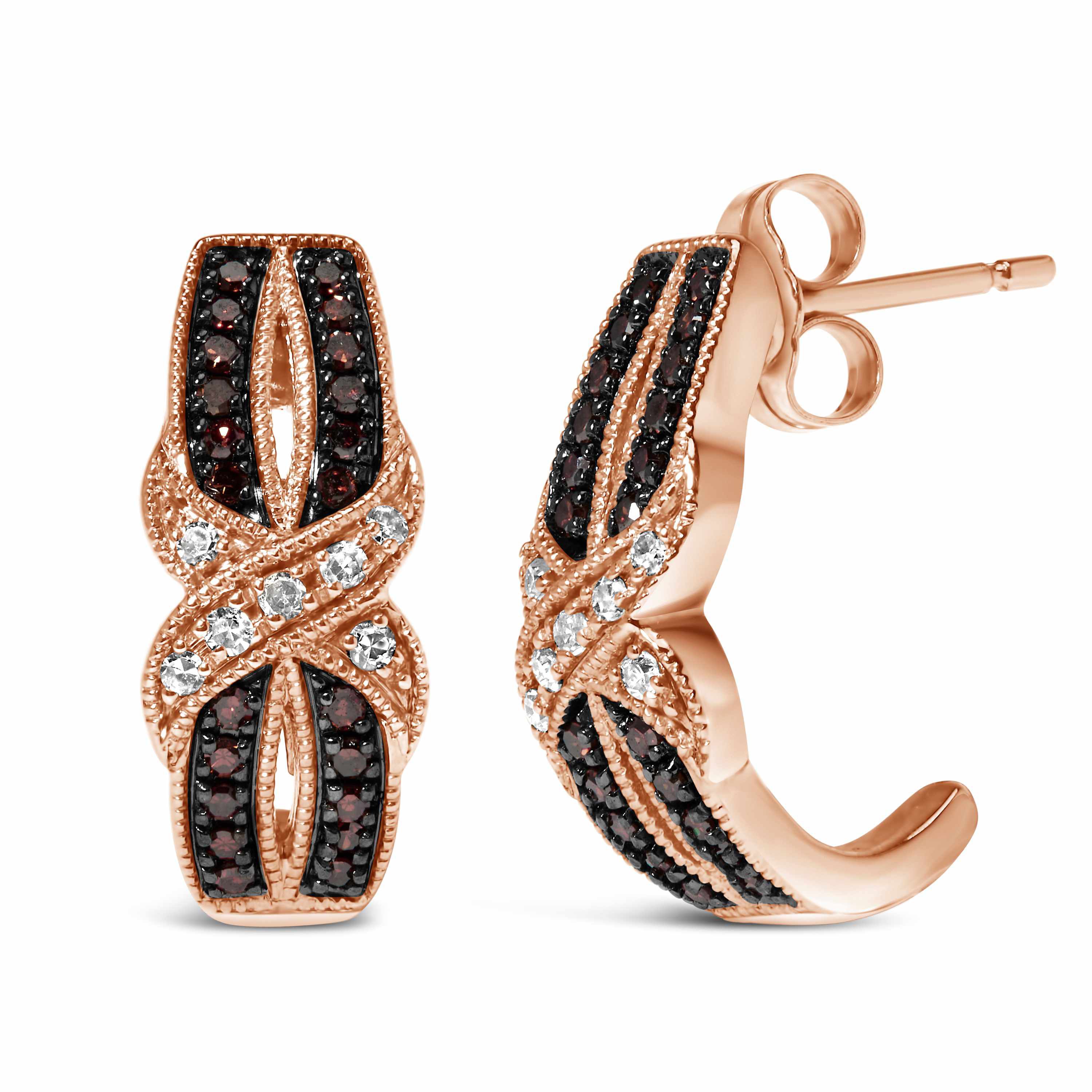 10K Rose Gold 1/3 Ct White and Brown Diamond Milgrain Criss Cross J-Hoop Earrings