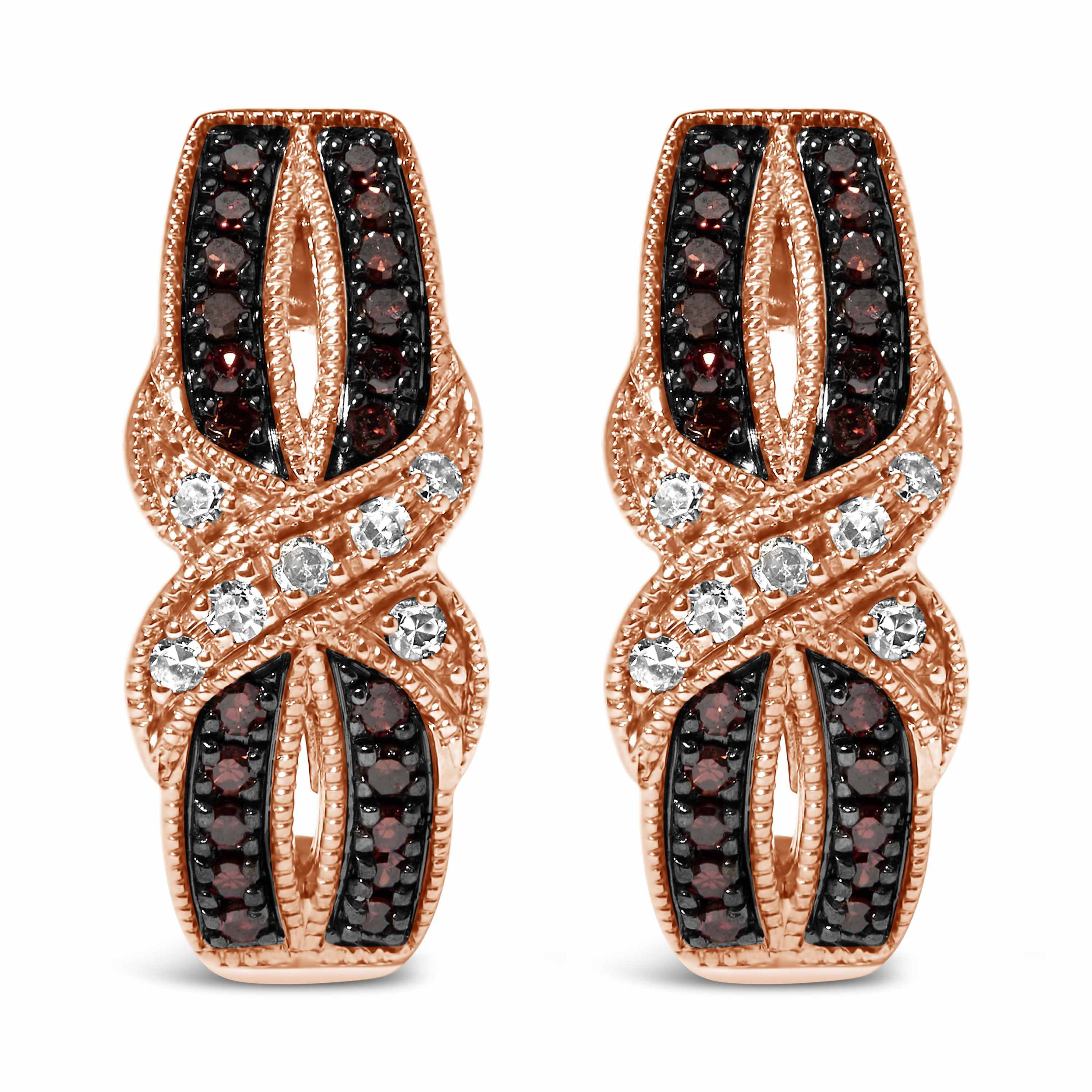 10K Rose Gold 1/3 Ct White and Brown Diamond Milgrain Criss Cross J-Hoop Earrings