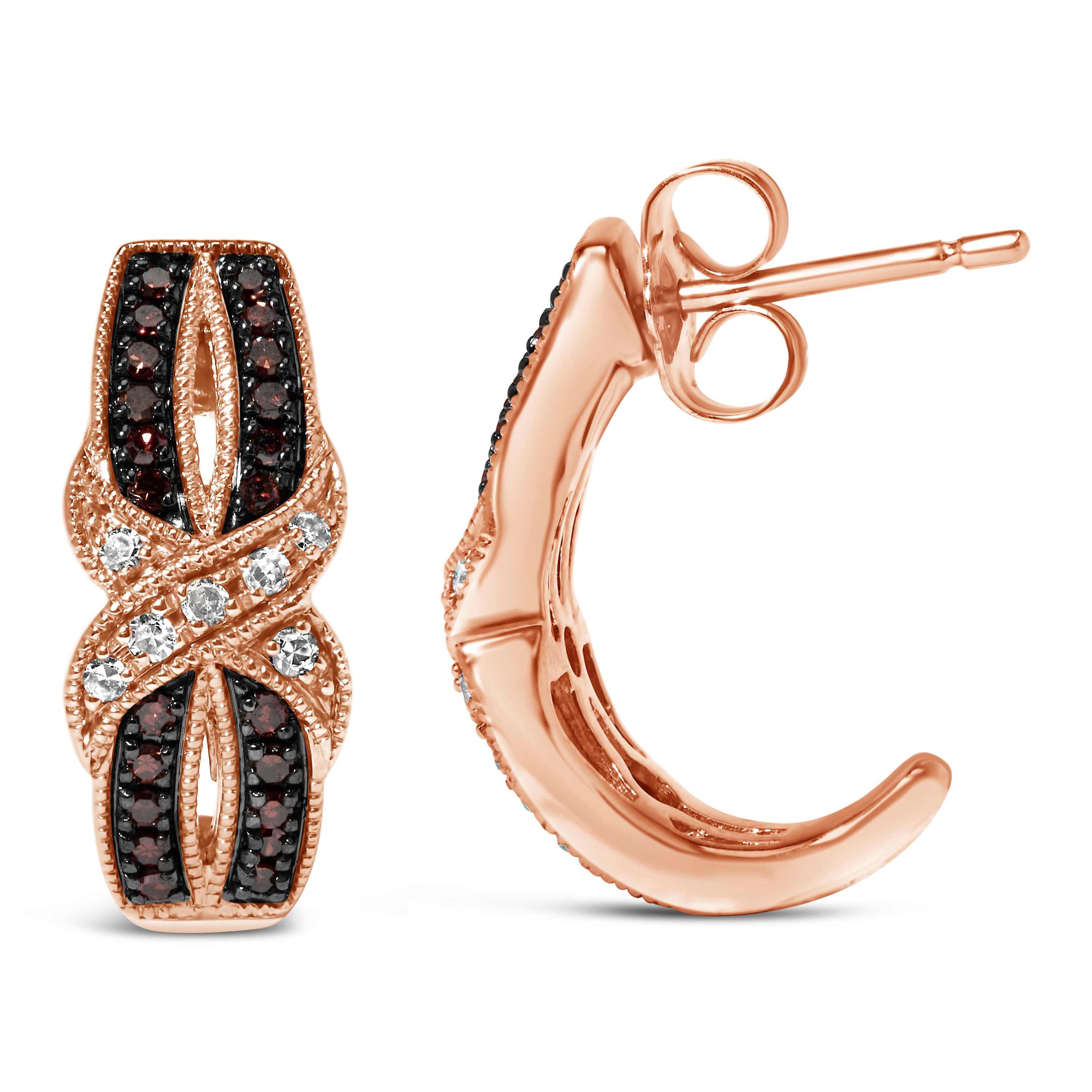 10K Rose Gold 1/3 Ct White and Brown Diamond Milgrain Criss Cross J-Hoop Earrings