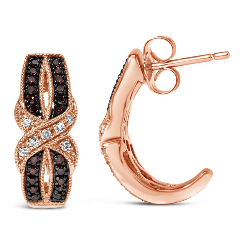 10K Rose Gold 1/3 Ct White and Brown Diamond Milgrain Criss Cross J-Hoop Earrings