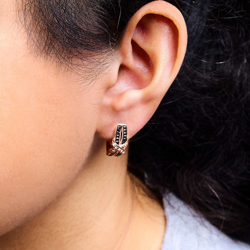 10K Rose Gold 1/3 Ct White and Brown Diamond Milgrain Criss Cross J-Hoop Earrings