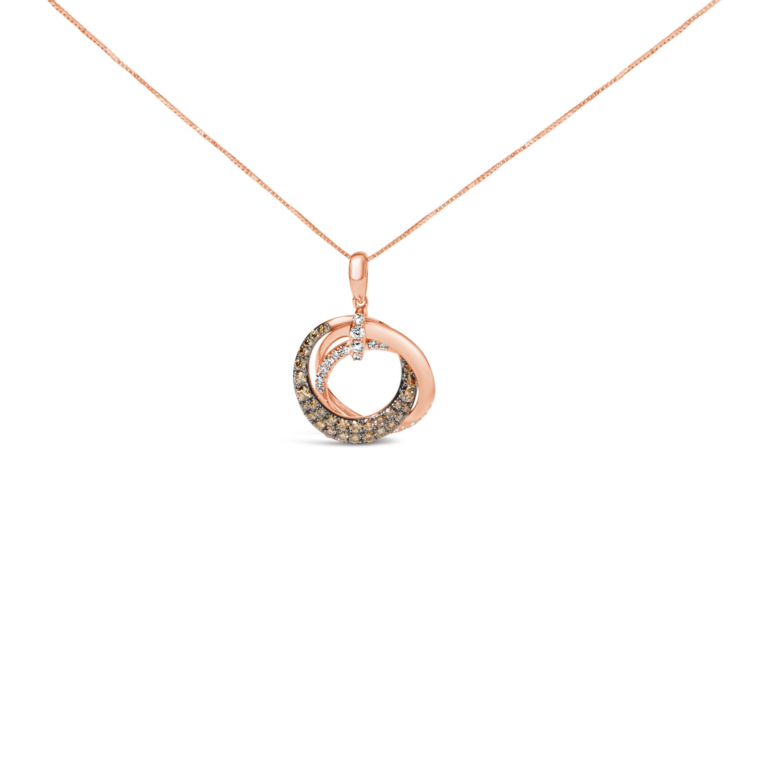 14K Rose Gold 3/4 Cttw Brown and White Diamond Interlocking Circle Hoop Inch Pendant