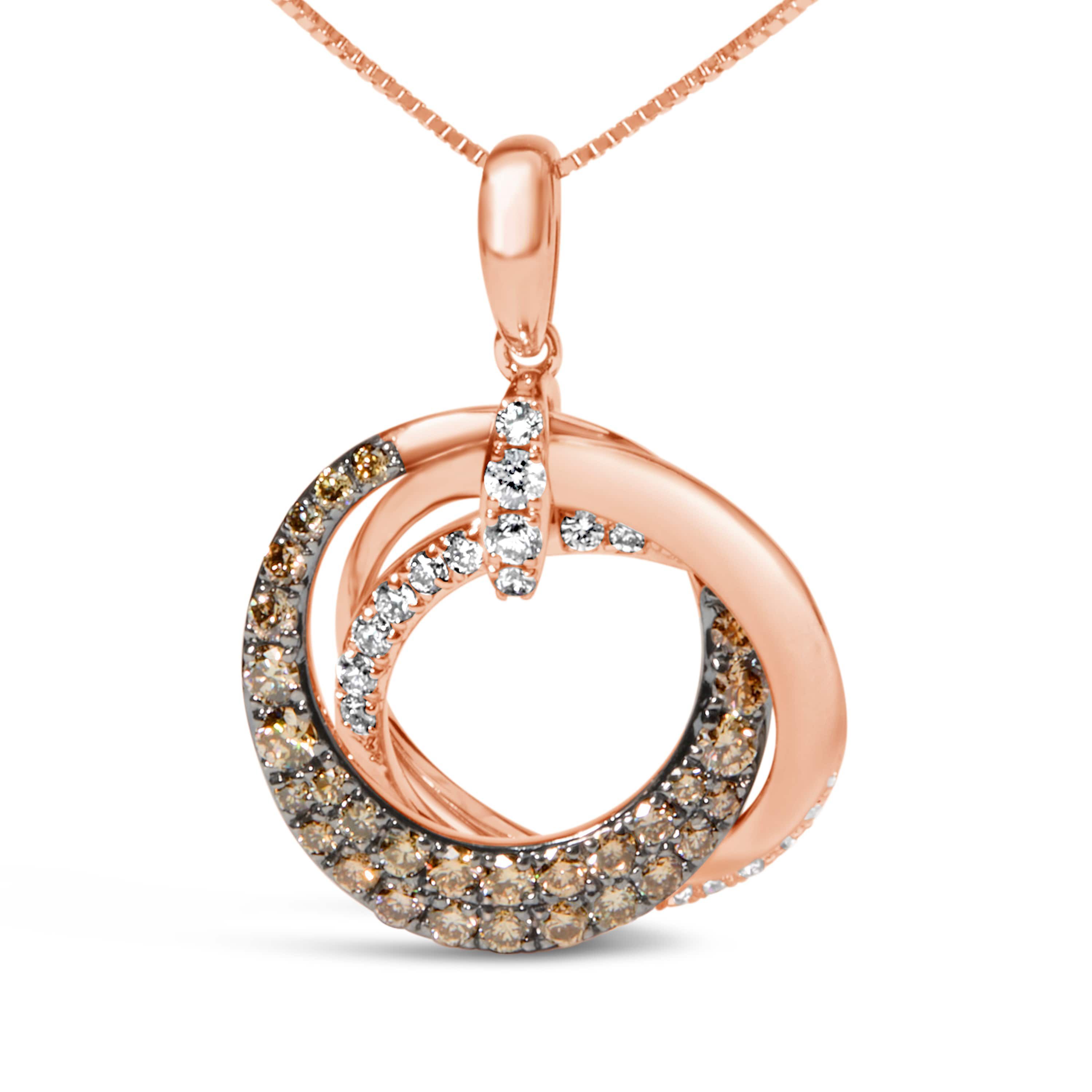 14K Rose Gold 3/4 Cttw Brown and White Diamond Interlocking Circle Hoop Inch Pendant