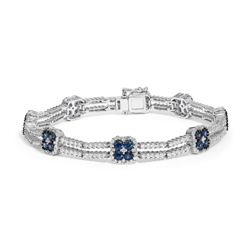18K Gold 2 3/4 Ct Diamond & Sapphire Double Row Link Bracelet-7"