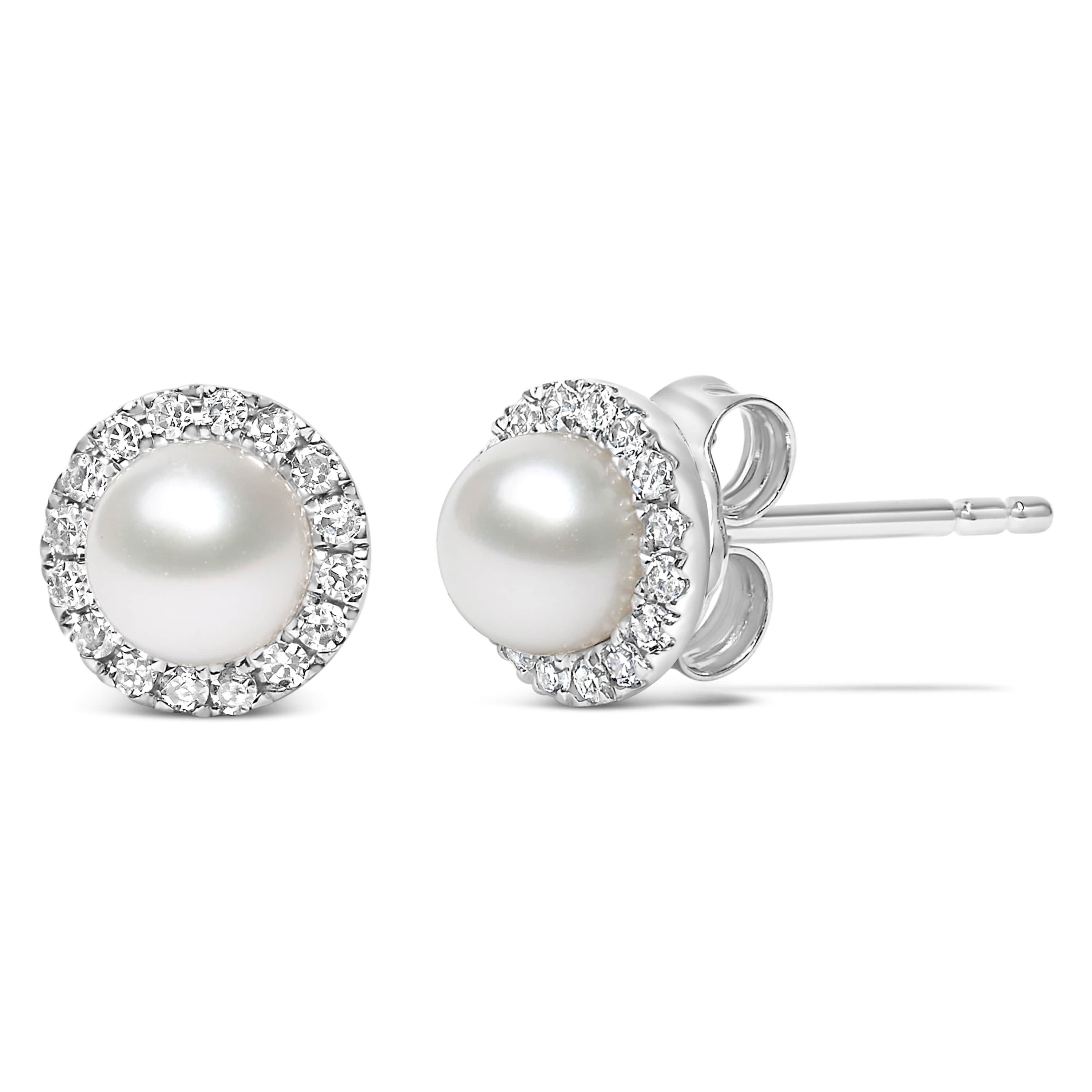 10K White Gold Pearl & 1/7 Cttw Diamond Halo Stud Earring