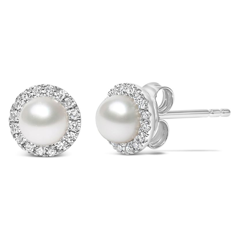 10K White Gold Pearl & 1/7 Cttw Diamond Halo Stud Earring