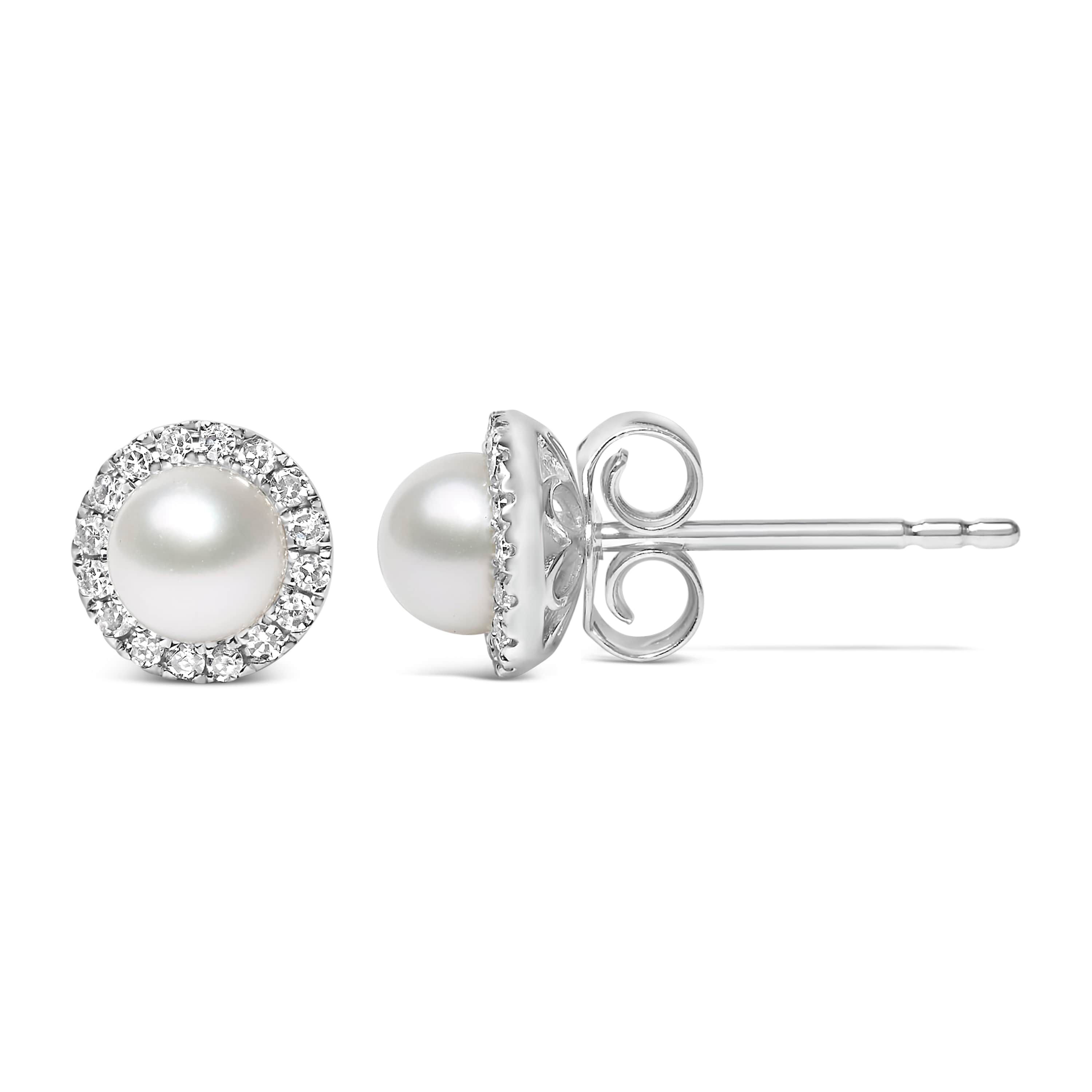 10K White Gold Pearl & 1/7 Cttw Diamond Halo Stud Earring