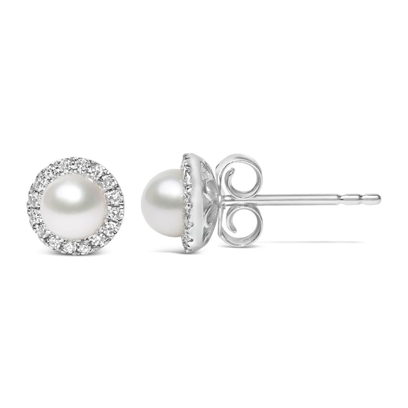 10K White Gold Pearl & 1/7 Cttw Diamond Halo Stud Earring
