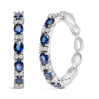 Haus of Brilliance 14K White Gold Oval Blue Sapphire & 1/4 Cttw Diamond Alternating Hoop Earring
