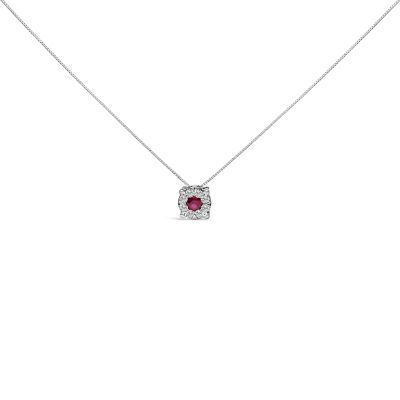 Haus of Brilliance 14K White Gold Red Ruby and 1/3 Cttw Diamond Halo Pendant Necklace