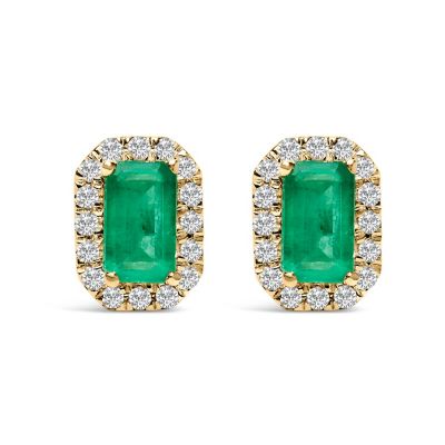 Haus of Brilliance 10K Yellow Gold Green Emerald & 1/7 Cttw Diamond Halo Octagonal Stud Earrings