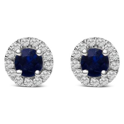 Haus of Brilliance 10K White Gold Blue Sapphire and 1/10 Ct Diamond Halo Stud Earrings