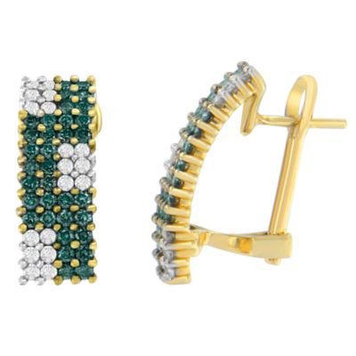 Haus of Brilliance 14K Yellow Gold 2.00 Cttw White and Treated Blue Diamond Four-Row Pavé Omegaback Earrings