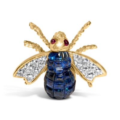 Haus of Brilliance 18K Yellow Gold 3/8 Cttw Diamond and Blue Sapphire Bumblebee Brooch Pin