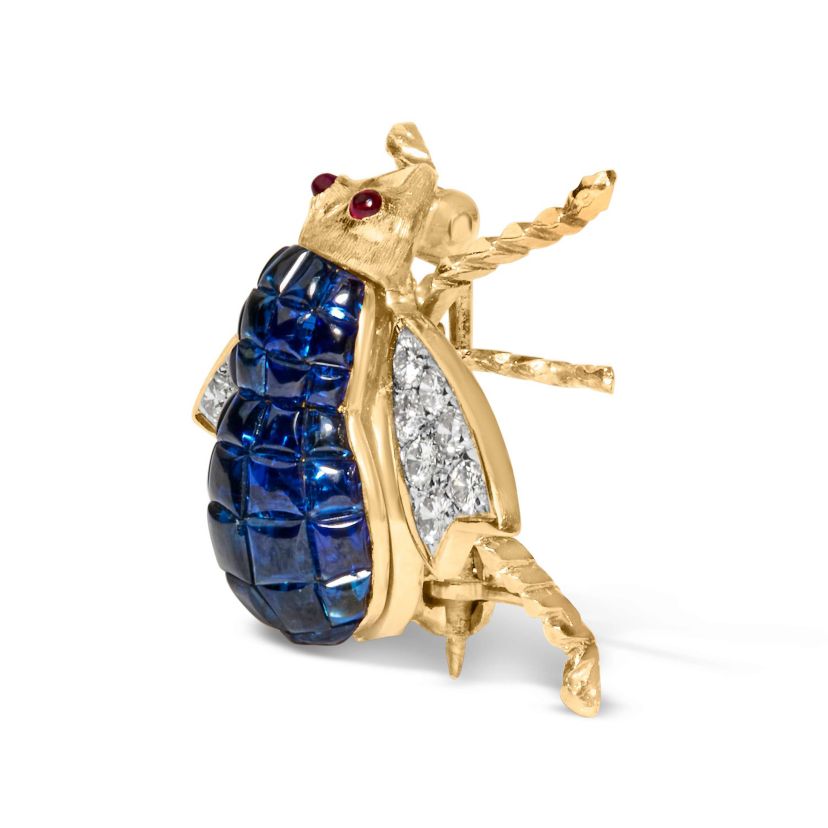 18K Yellow Gold 3/8 Cttw Diamond and Blue Sapphire Bumblebee Brooch Pin