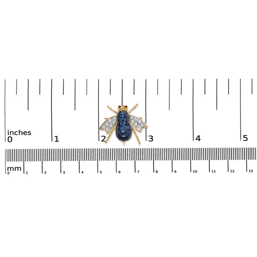 18K Yellow Gold 3/8 Cttw Diamond and Blue Sapphire Bumblebee Brooch Pin