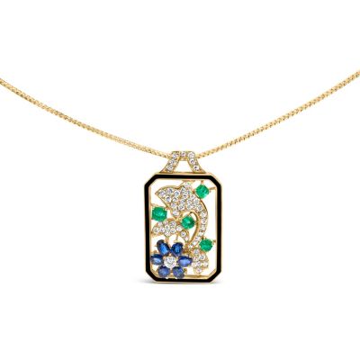 Haus of Brilliance 18K Gold 2 1/3 Cttw Diamond Sapphire & Emerald Dog Tag Pendant Necklace & Brooch