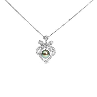 Haus of Brilliance 18K 3/4 Cttw Diamond Cultured Black Tahitian Pearl Heart Pendant Necklace