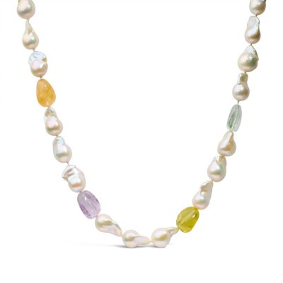 Haus of Brilliance 14K Yellow Citrine, Amethyst, and Baroque Pearl Strand Necklace - 18" Inches