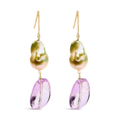Haus of Brilliance 14K Yellow Gold Amethyst and Baroque Pearl Drop and Dangle Earrings