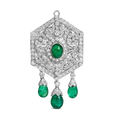 Haus of Brilliance 18K 2 3/4 Cttw Diamond and Emerald Dangle Art Deco Shield Brooch Pin Pendant, White