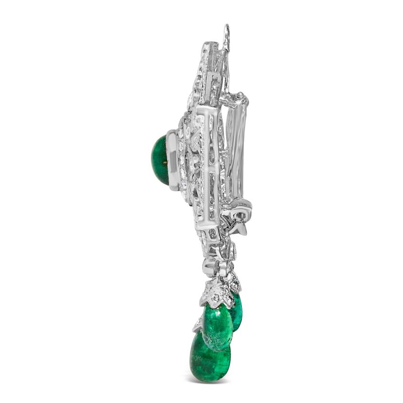 18K 2 3/4 Cttw Diamond and Emerald Dangle Art Deco Shield Brooch Pin Pendant