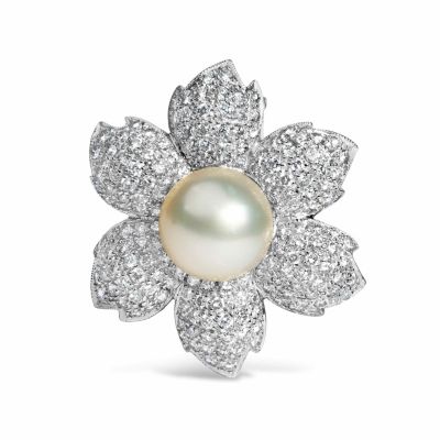 Haus of Brilliance 18K Gold 2 3/4 Cttw Diamond and Pearl Floral Brooch Pin, White