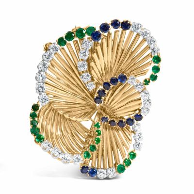 Haus of Brilliance 18K Yellow Gold 2 1/3 Cttw Diamond, Sapphire, and Emerald Sculpted Petal Brooch Pin