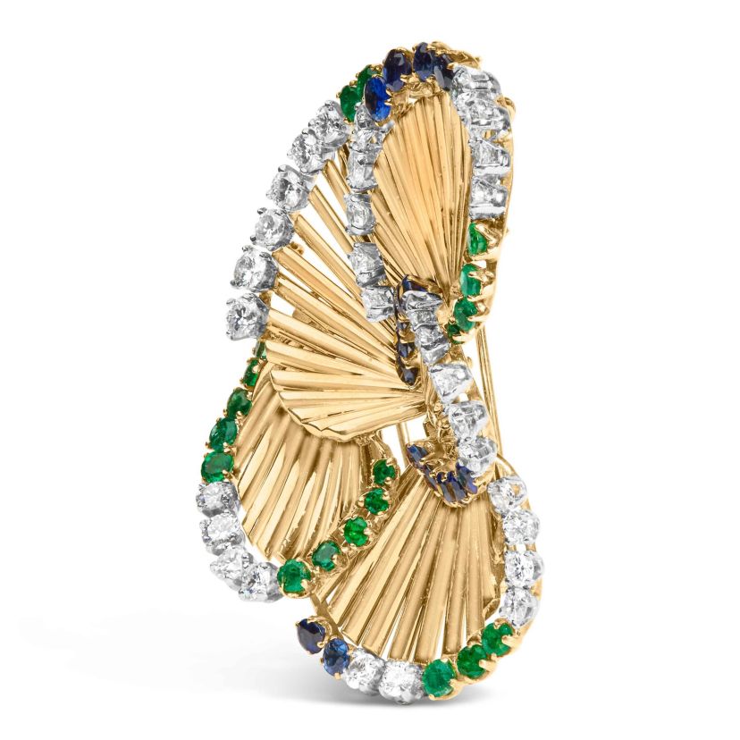 18K Yellow Gold 2 1/3 Cttw Diamond, Sapphire, and Emerald Sculpted Petal Brooch Pin