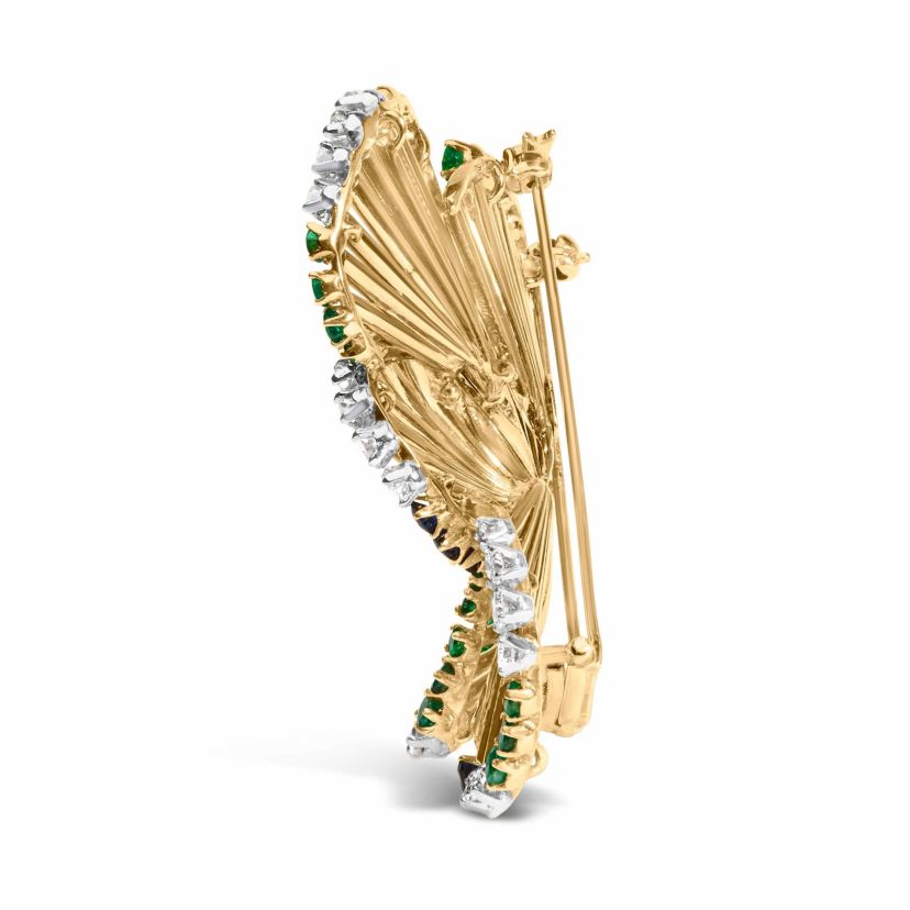 18K Yellow Gold 2 1/3 Cttw Diamond, Sapphire, and Emerald Sculpted Petal Brooch Pin