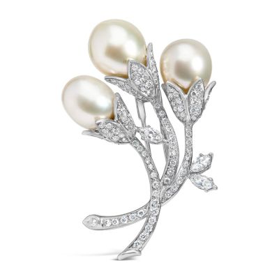 Haus of Brilliance 18K White Gold 2 1/5 Cttw Diamond and South Sea Pearl Floral Brooch Pin