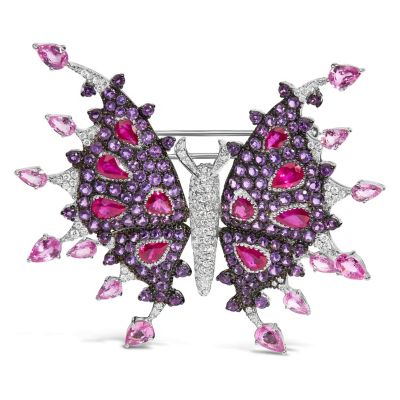 Haus of Brilliance 18K White Gold 1.0 Cttw Diamond Ruby Sapphire & Amethyst Butterfly Brooch Pin
