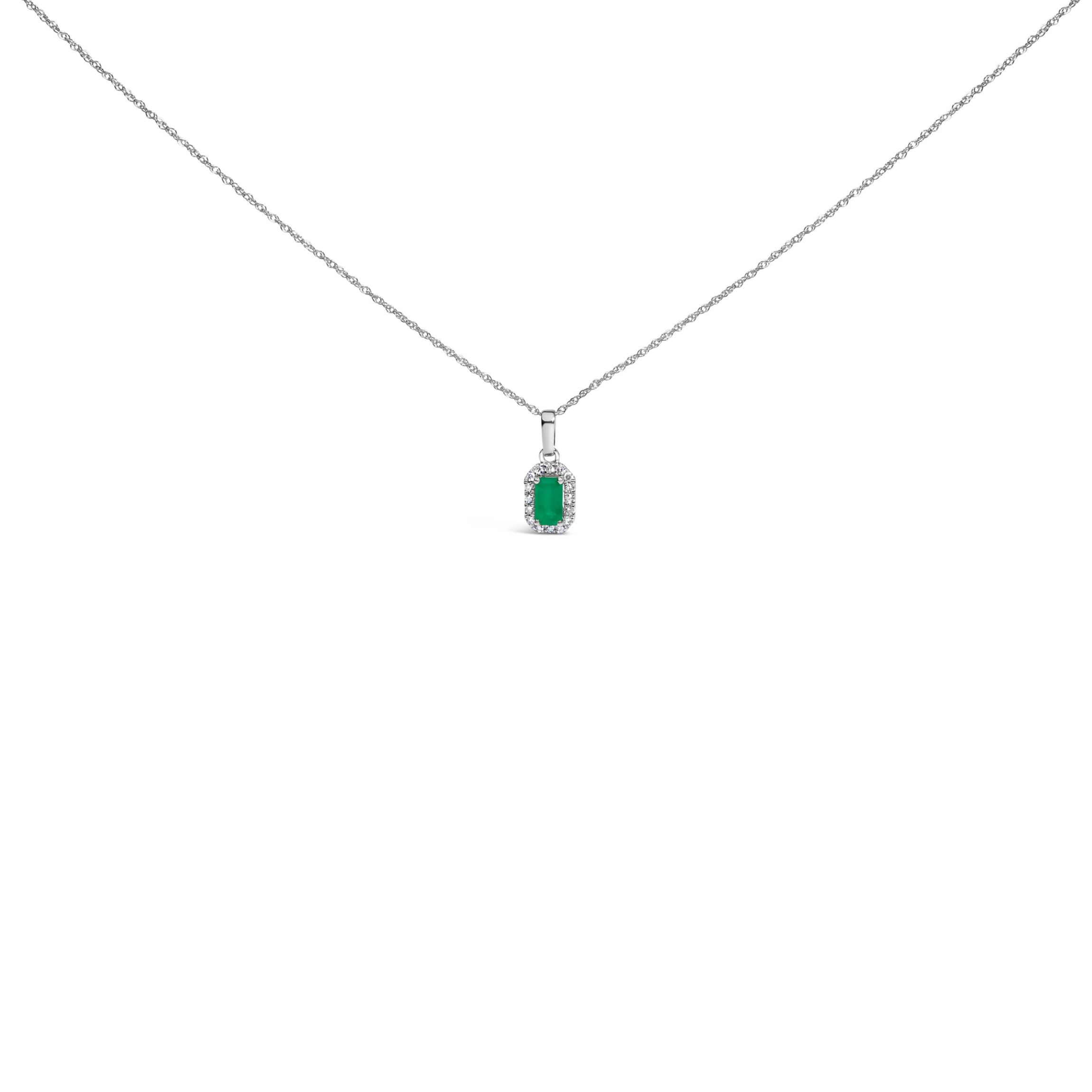 10K White Gold Green Emerald and Diamond Accent Halo Octagonal Pendant Necklace
