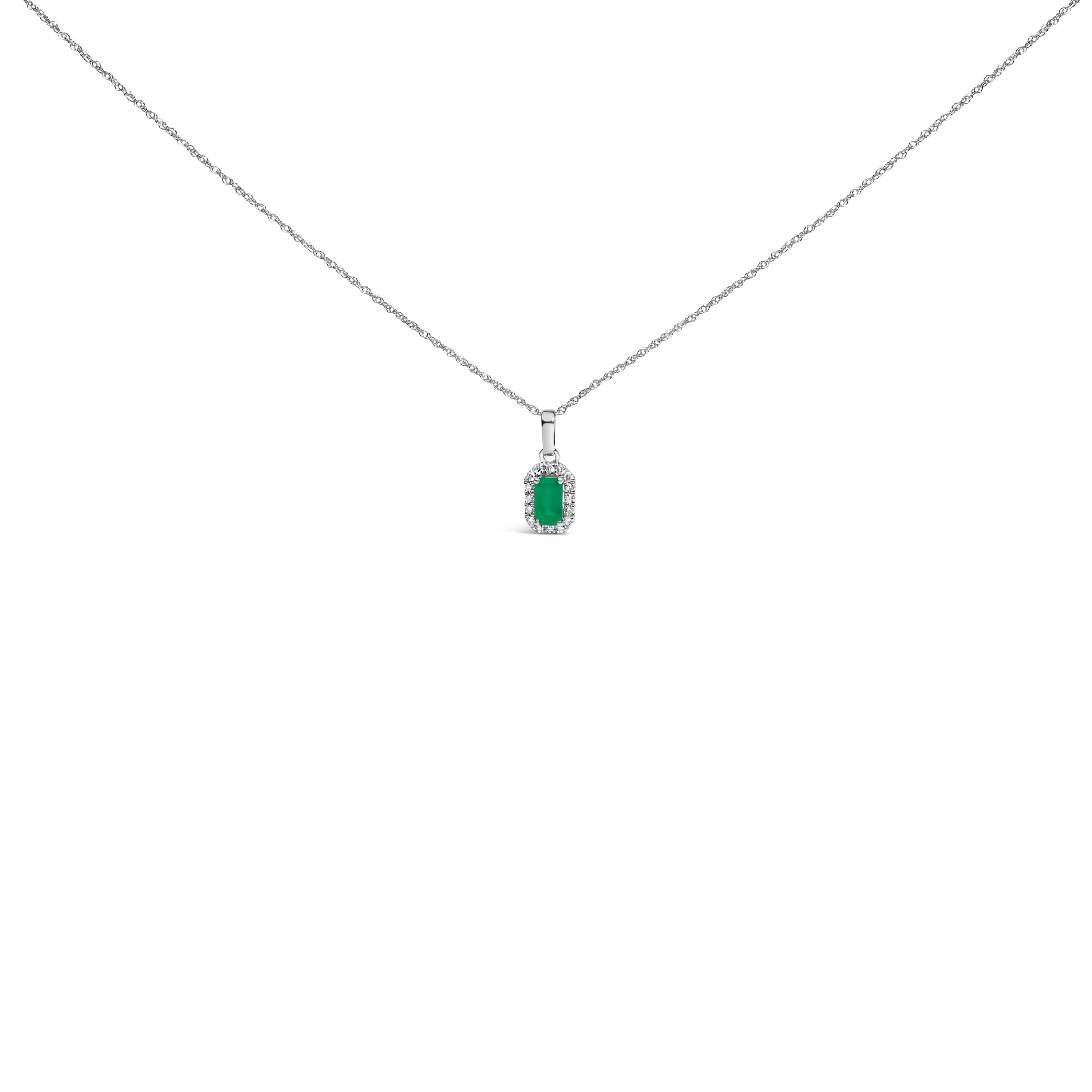 10K White Gold Green Emerald and Diamond Accent Halo Octagonal Pendant Necklace