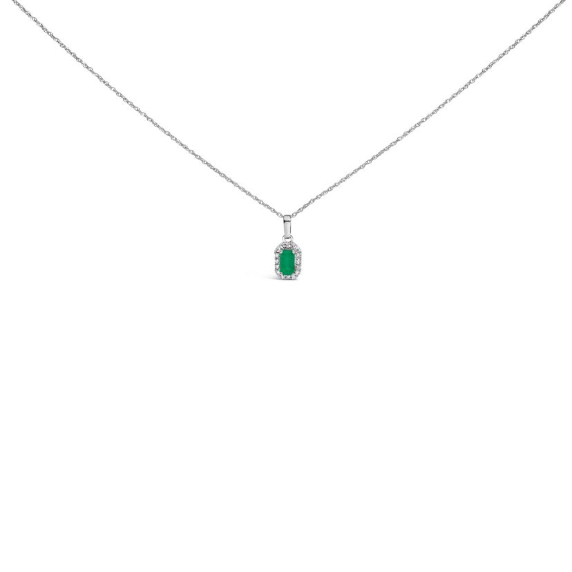 10K White Gold Green Emerald and Diamond Accent Halo Octagonal Pendant Necklace