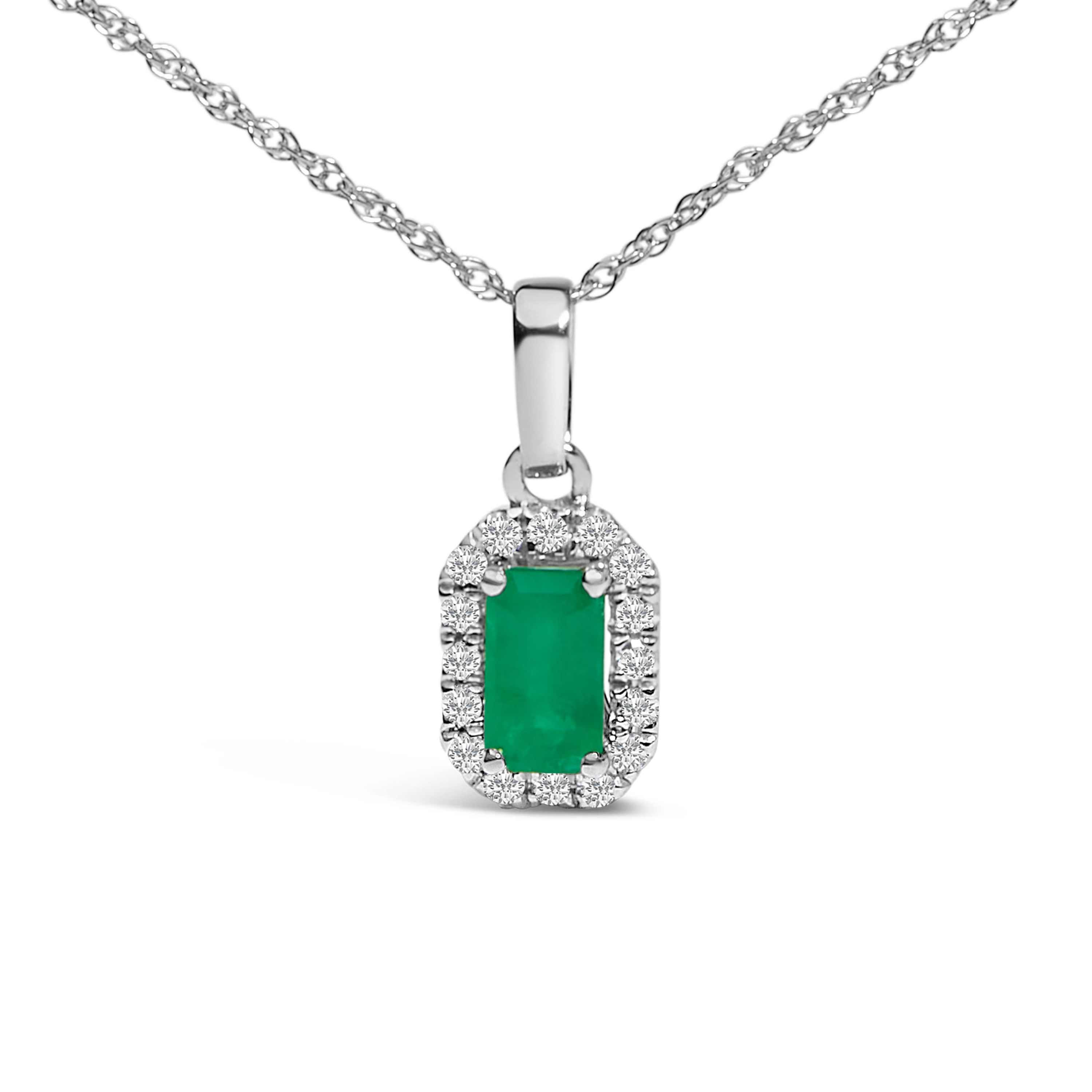 10K White Gold Green Emerald and Diamond Accent Halo Octagonal Pendant Necklace