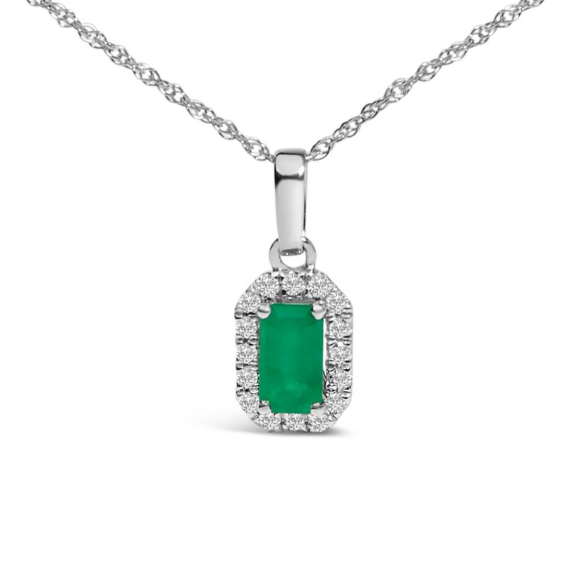 10K White Gold Green Emerald and Diamond Accent Halo Octagonal Pendant Necklace