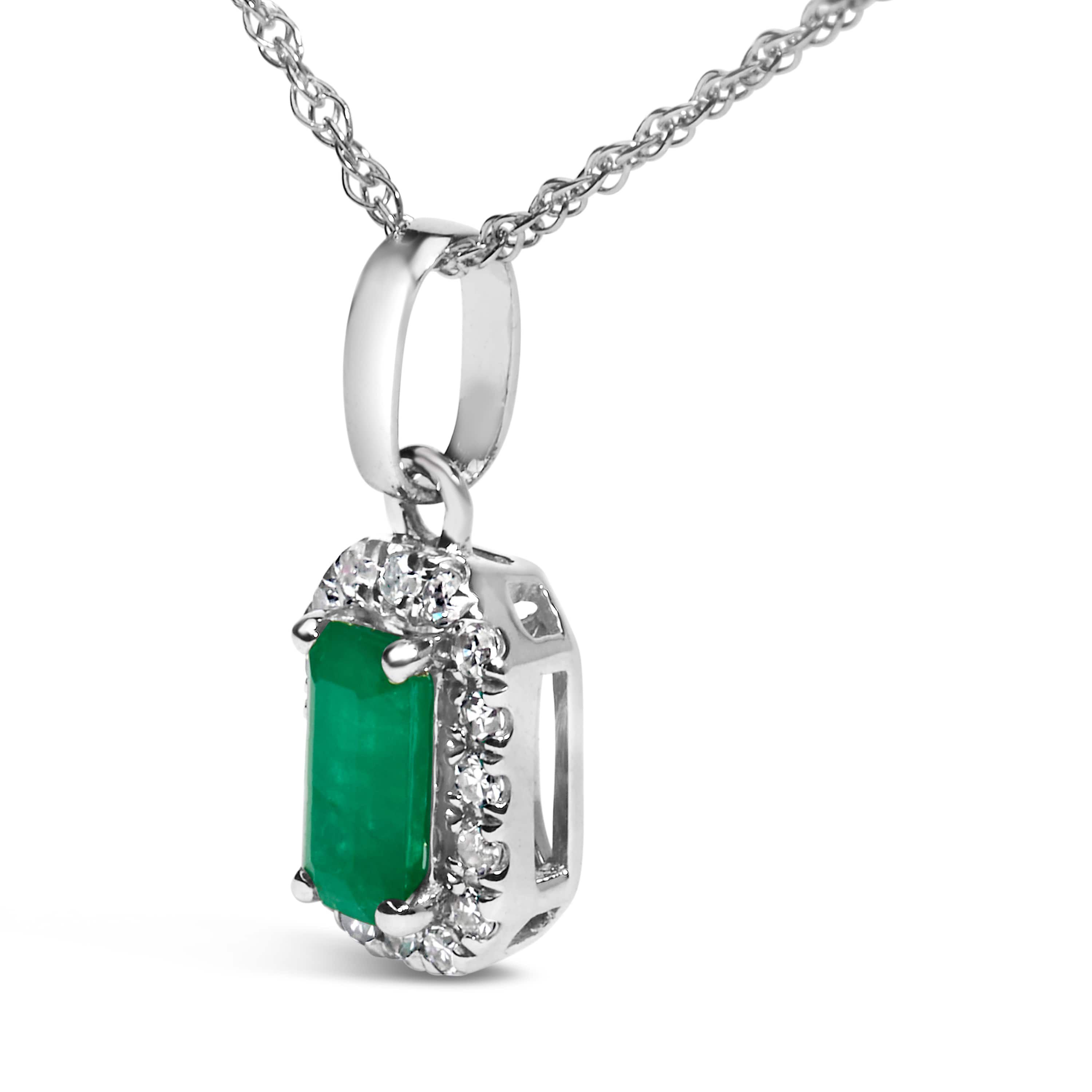 10K White Gold Green Emerald and Diamond Accent Halo Octagonal Pendant Necklace