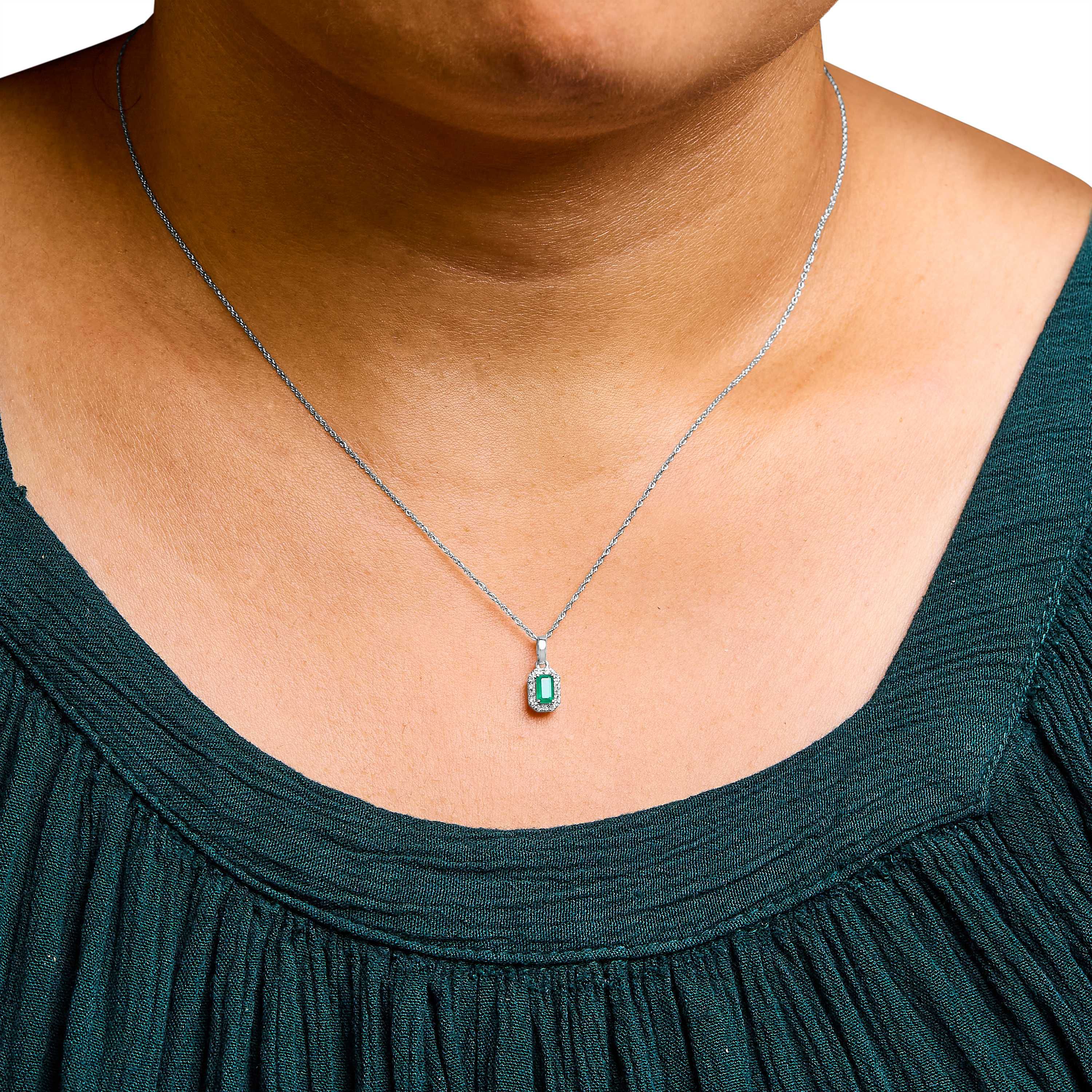 10K White Gold Green Emerald and Diamond Accent Halo Octagonal Pendant Necklace