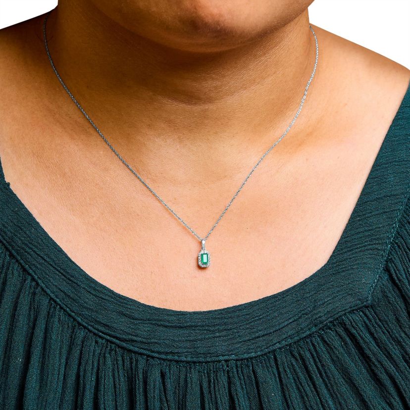 10K White Gold Green Emerald and Diamond Accent Halo Octagonal Pendant Necklace