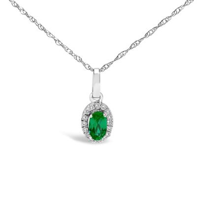 Haus of Brilliance 10K White Gold Green Emerald and Diamond Accent Halo Oval Shape Pendant Necklace, 18 in