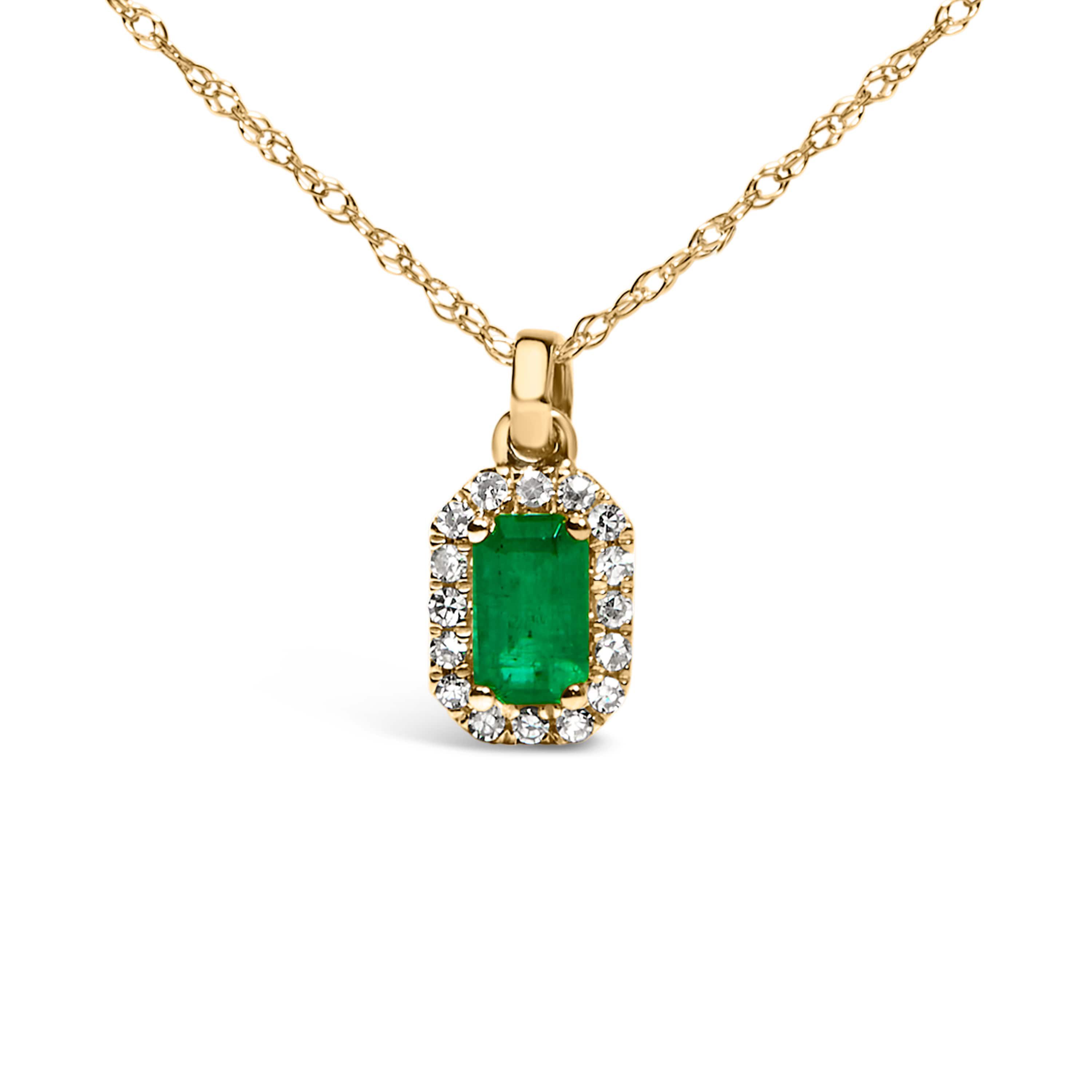 Gold Emerald and Diamond Accent Halo Octagonal Pendant Necklace