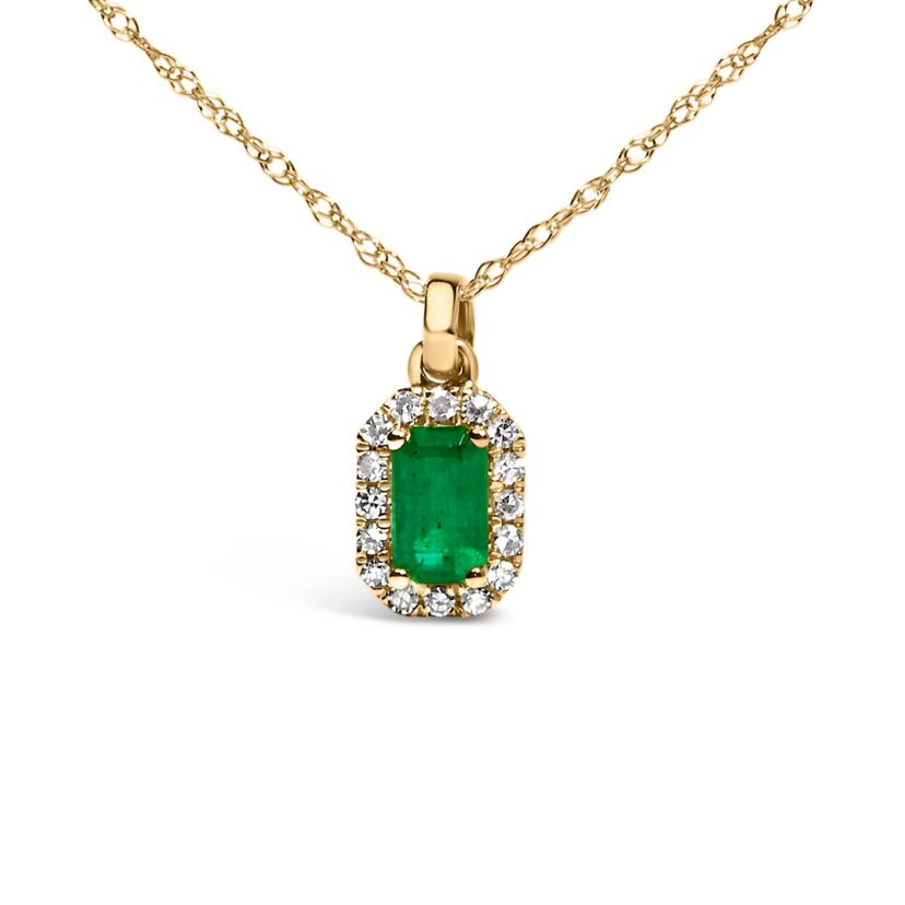 Gold Emerald and Diamond Accent Halo Octagonal Pendant Necklace