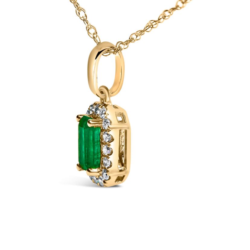 Gold Emerald and Diamond Accent Halo Octagonal Pendant Necklace