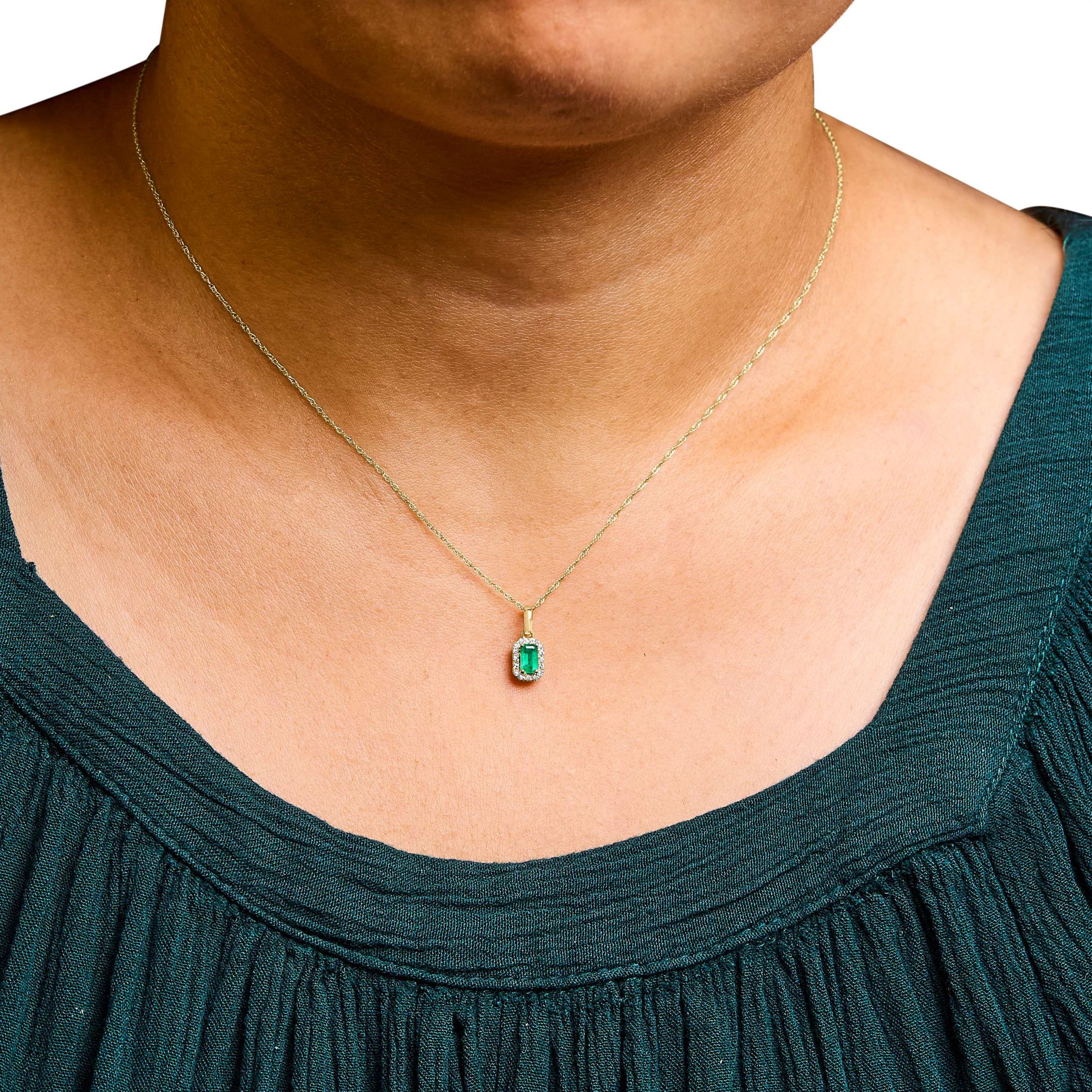 Gold Emerald and Diamond Accent Halo Octagonal Pendant Necklace