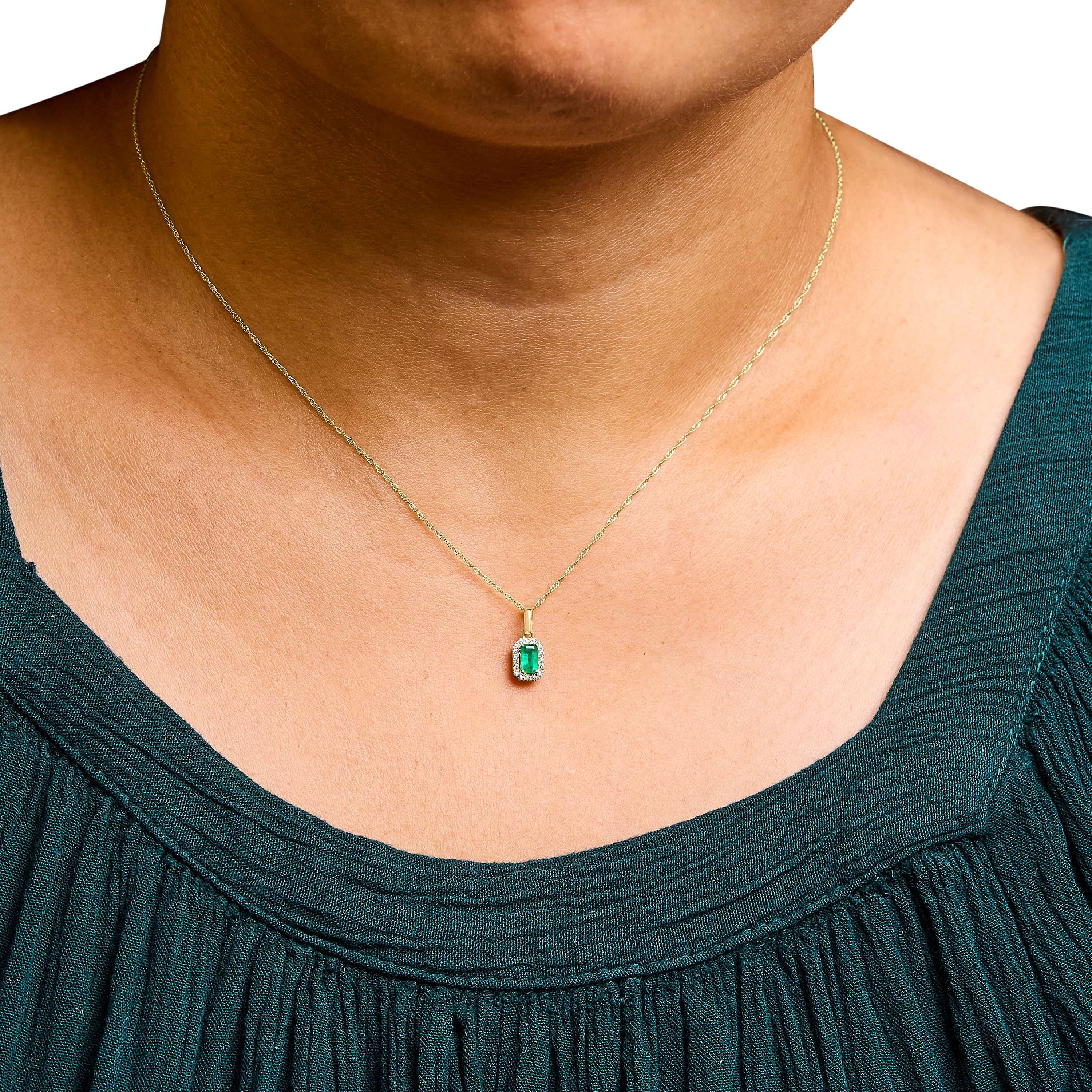 Gold Emerald and Diamond Accent Halo Octagonal Pendant Necklace